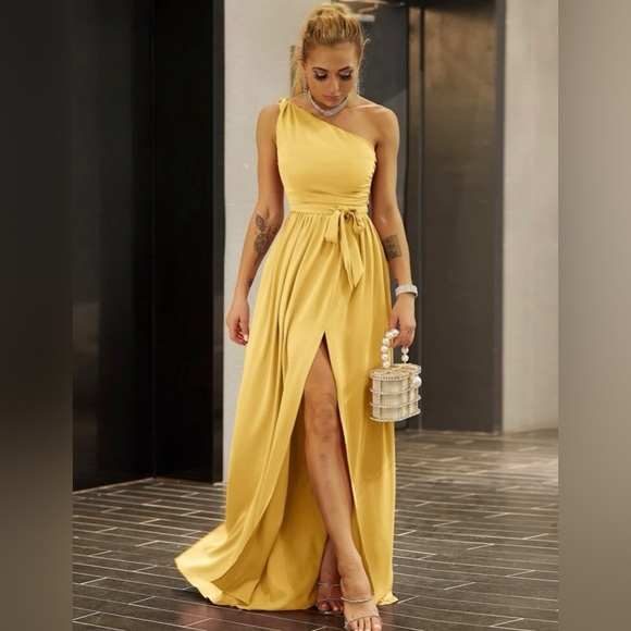 NWOT Yellow Twist Shoulder Belted Sexy Split Thigh Joyfunear Dress XL - Picture 3 of 14